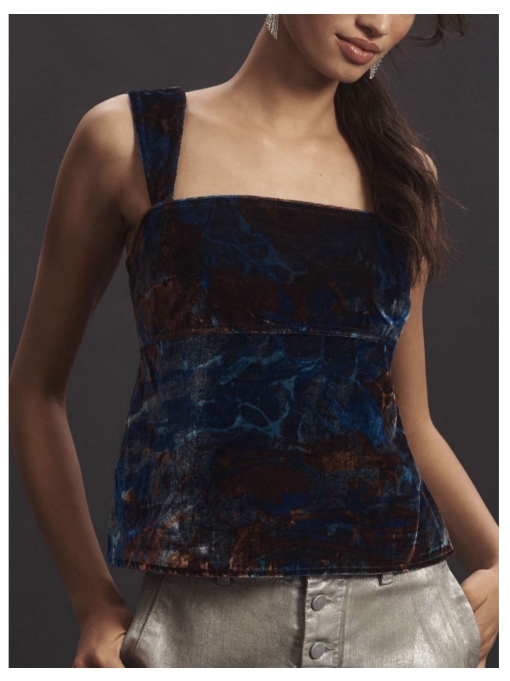 NWT PILCRO by ANTHROPOLOGIE Velvet Flyaway Top in Blue/Chocolate Marble Print